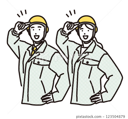 Simple illustration: Men and women in work clothes greeting each other with enthusiasm 123504879
