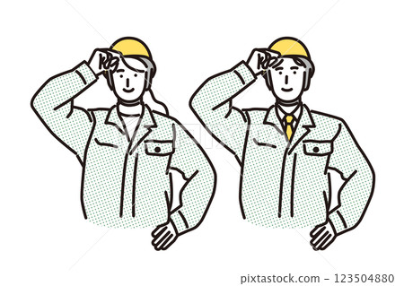 Simple illustration: Men and women in work clothes greeting each other with enthusiasm 123504880
