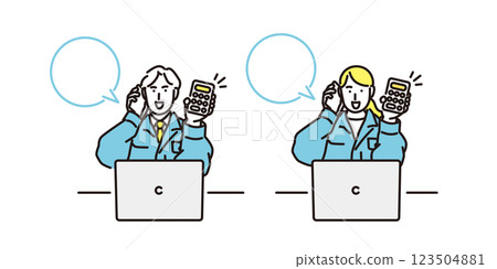 Simple illustration of a man and woman in work clothes presenting a quote online 123504881