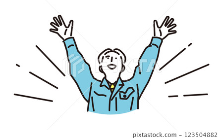 簡單的例子:一個穿著工作服的男人因成功而高興地舉起雙臂 簡單的例子:一個穿著工作服的男人因成功而高興地舉起雙臂 123504882