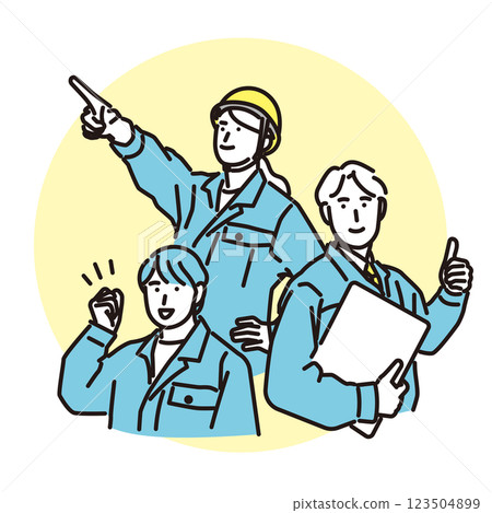 Simple illustration of smiling men and women in work clothes with outstanding teamwork Simple illustration of smiling men and women in work clothes with outstanding teamwork 123504899