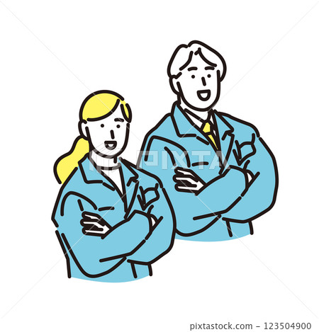 簡單的例子：穿著工作服、雙臂交叉、微笑的男人和女人 123504900