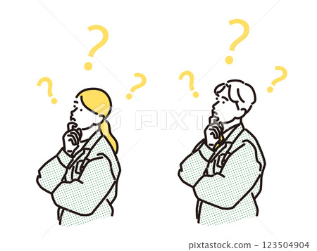 Simple illustration: A man and a woman in work clothes looking up and showing question marks Simple illustration: A man and a woman in work clothes looking up and showing question marks 123504904