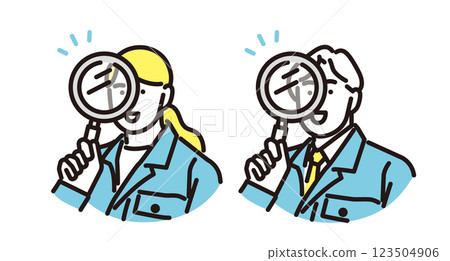 Simple illustration: Smiling man and woman in work clothes looking through a magnifying glass 123504906