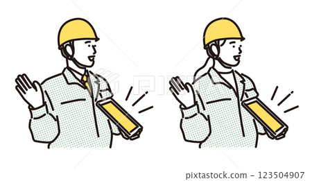 Simple illustration: Smiling man and woman in work clothes giving directions using a tablet 123504907