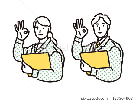 簡單的例子:穿著工作服的男人和女人面帶微笑,做出「OK」的手勢 簡單的例子:穿著工作服的男人和女人面帶微笑,做出「OK」的手勢 123504908