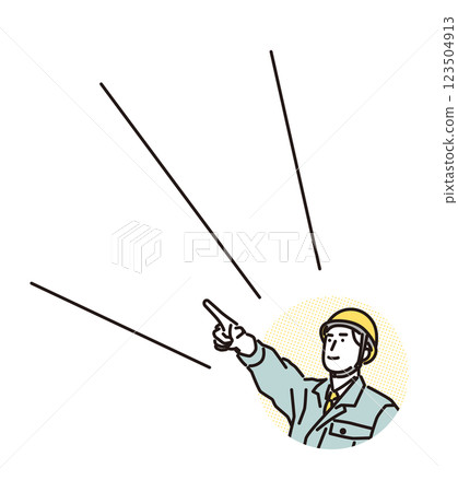 簡單的例子：一個穿著工作服的男人指向實現他的目標 123504913