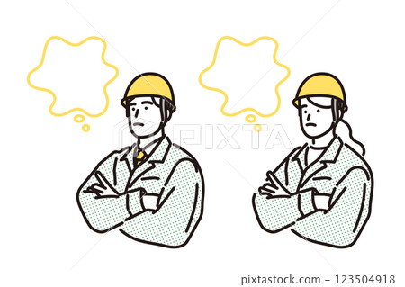 簡單的例子:一個穿著工作服的男人和一個女人,雙臂交叉,陷入沉思。 簡單的例子:一個穿著工作服的男人和一個女人,雙臂交叉,陷入沉思。 123504918