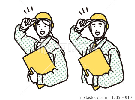 Simple illustration: Men and women in work clothes greeting each other with enthusiasm Simple illustration: Men and women in work clothes greeting each other with enthusiasm 123504919