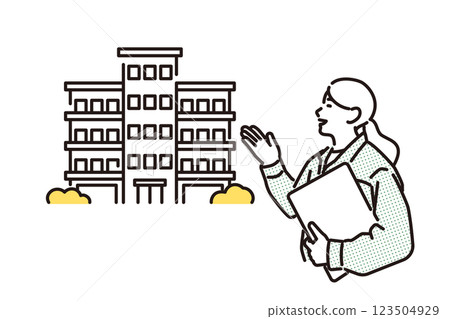 簡單的例子：一位穿著工作服的女士展示一棟已完工的公寓大樓 123504929