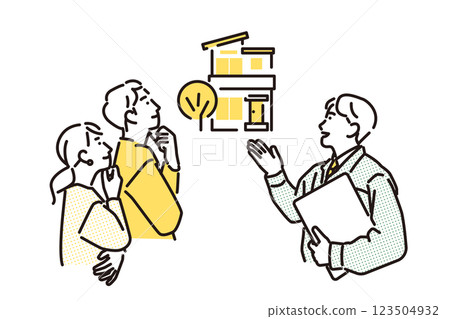 簡單的例子：一個穿著工作服的男人展示一棟獨立式住宅 123504932