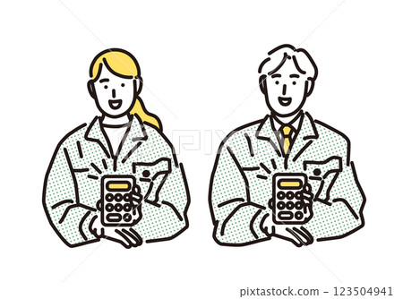 Simple illustration of a man and woman in work clothes smiling and presenting an estimate Simple illustration of a man and woman in work clothes smiling and presenting an estimate 123504941