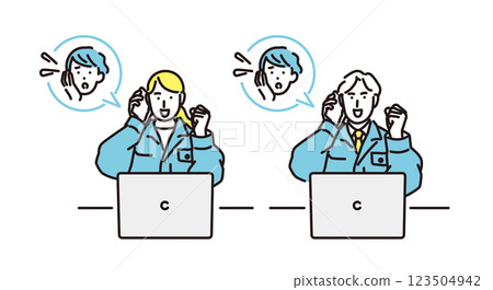 Simple illustration: Men and women in work clothes smilingly answering questions about problems 123504942