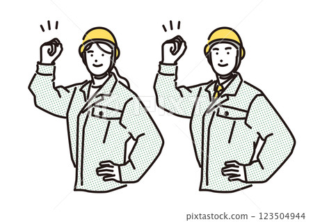Simple illustration: Men and women in work clothes wearing helmets full of motivation Simple illustration: Men and women in work clothes wearing helmets full of motivation 123504944