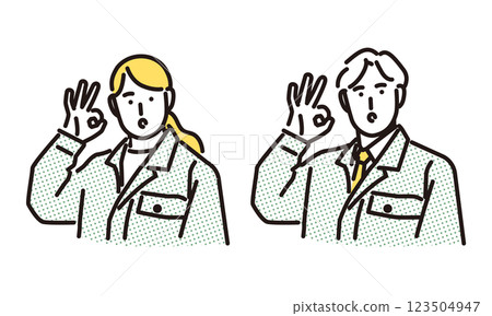 Simple illustration of a man and woman in work clothes giving an OK sign Simple illustration of a man and woman in work clothes giving an OK sign 123504947