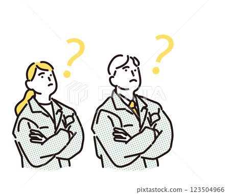 簡單的例子:一個穿著工作服的男人和女人抬頭看著並露出問號 簡單的例子:一個穿著工作服的男人和女人抬頭看著並露出問號 123504966