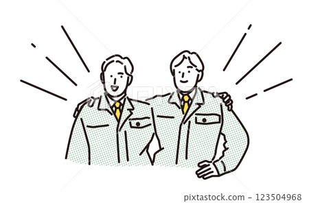 Simple illustration: A man in work clothes putting his arm around a colleague 123504968