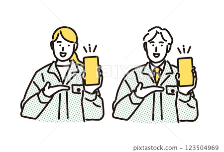 Simple illustration of a man and woman in work clothes presenting an estimate on a smartphone Simple illustration of a man and woman in work clothes presenting an estimate on a smartphone 123504969