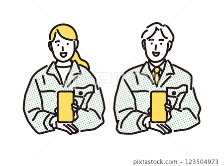 Simple illustration of a man and woman in work clothes presenting an estimate on a smartphone 123504973