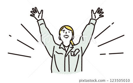 Simple illustration: A woman in work clothes cheering with joy at her success Simple illustration: A woman in work clothes cheering with joy at her success 123505010