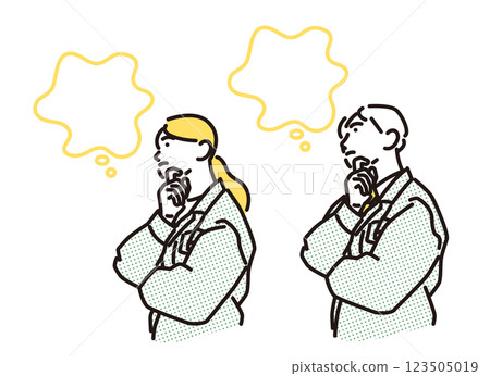 Simple illustration: Man and woman in work clothes with arms folded and deep in thought Simple illustration: Man and woman in work clothes with arms folded and deep in thought 123505019