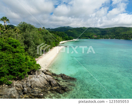 Drone view of beach with waves and clear sea water. Romblon Island. Romblon, Philippines. 123505053