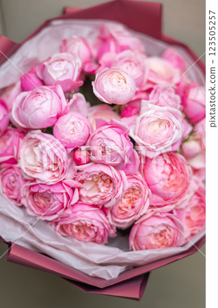 Beautiful Pink peony rose Bouquet close up 123505257