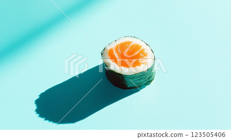 Salmon Sushi Roll on Light Blue Background 123505406