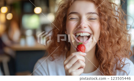 Joyful red-haired woman laughing with a fresh strawberry 123505446