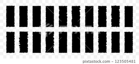 Black rectangle form with jagged edges. Ripped and cutout paper torn strip. Set of Vertical Grunge Frames. Vector illustration isolated on transparent background 123505481