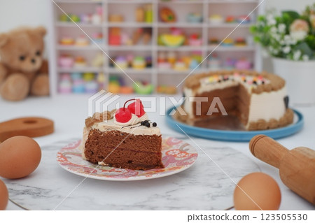 chocolate cake with cherry on the top 123505530