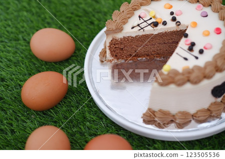 Cake and eggs on a grass background Cake and eggs on a grass background 123505536