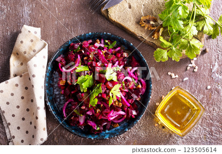 Traditional russian vegan salad with potato and beetroot 123505614