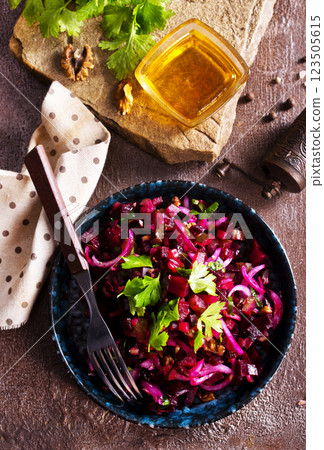 Traditional russian vegan salad with potato and beetroot 123505615