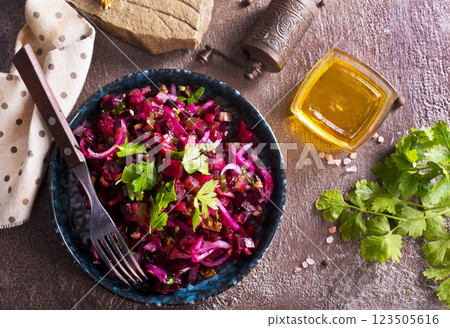 Traditional russian vegan salad with potato and beetroot 123505616