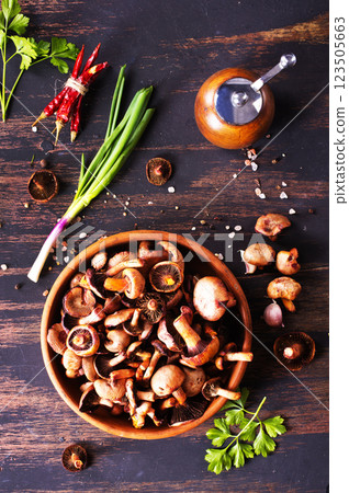 raw mushrooms in bowl on a table raw mushrooms in bowl on a table 123505663