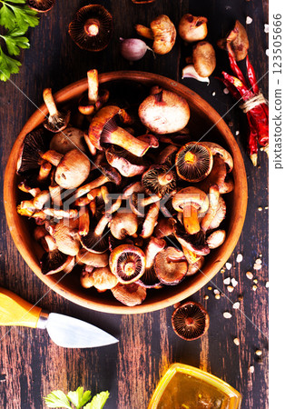 raw mushrooms in bowl on a table raw mushrooms in bowl on a table 123505666