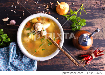 bowl with soup, fresh soup with meatballs and vegetables bowl with soup, fresh soup with meatballs and vegetables 123505672