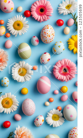Colorful Easter Eggs and Spring Flowers on Pastel Background 123505699