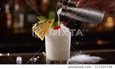 Tropical Cocktail Preparation with Pineapple and Cherries 123505706