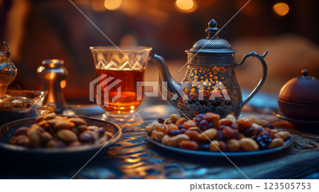 Traditional Arabic Tea with Nuts and Dates 123505753