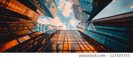 Skyscrapers with Blue and Orange Glass Facades from Below 123505755
