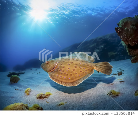 比目魚在海中游泳的圖片 123505814