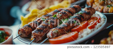 Grilled Turkish Kebabs with Vegetables 123505897
