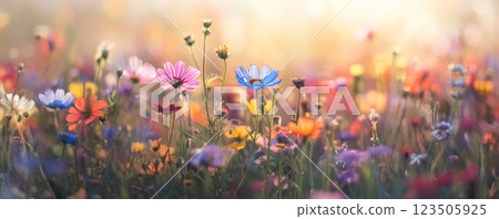 Colorful Meadow of Wildflowers at Sunrise banner 123505925