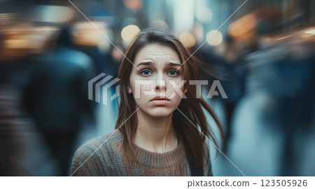 Woman Experiencing Anxiety in Crowded City Street 123505926