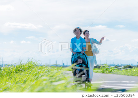 Couple walking with a stroller 123506384