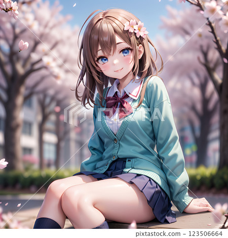 櫻花飄落的校園裡的高中女生 08 [AI 圖片] 123506664