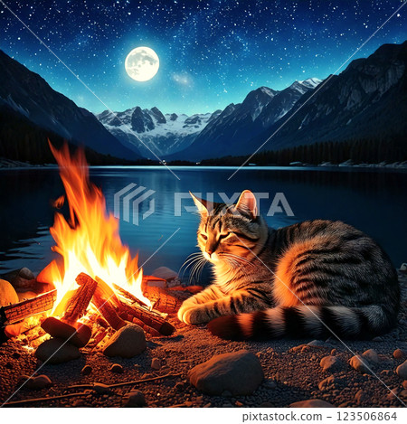 A cat sleeping comfortably near a campfire by the lake 123506864