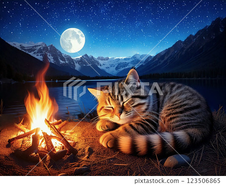 A cat sleeping comfortably near a campfire by the lake 123506865